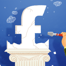 The Facebook logo on a podium, with a hand appearing in the corner appearing to chip away at it.