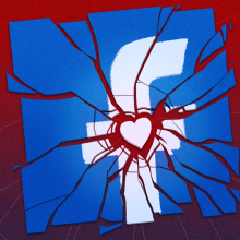 A shattered Facebook logo.