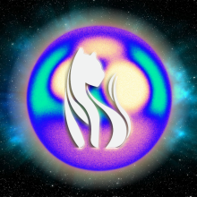 celestial orb with lioness logo, a white lioness, in the middle