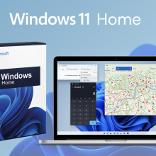 A computer running the Microsoft Windows 11 Home software, with its accompanying packaging nearby, as well as the words "Windows 11 Home"