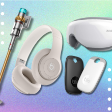 Dyson vacuum, Beats headphones, heated eye massager, and Bluetooth tracker on pastel blue, purple, and green background