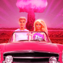 Ken and Barbie driving away from an atomic bomb.