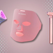 solawave bye acne device, light therapy mask, and skincare wand with colorful background