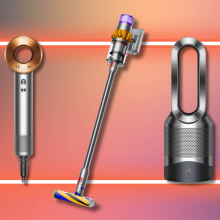 Dyson hair dryer, cordless vacuum, and tower fan with neon orange rectangle and colorful fade in background
