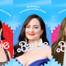 This Barbie is a Best Supporting Actress nominee, this Barbie is a Best Actress nominee, this Barbie is a Best Director nominee featuring America Ferrera, Lily Gladstone, and Justine Triet.