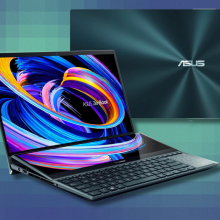 Asus ZenBook Pro Duo 15 on blue pixelated background