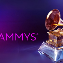 The Grammys ad with Grammy trophy on purple gradient background
