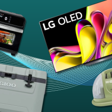 Instant Omni air fryer, Igloo cooler, LG TV, and Bissell Little Green on colorful background
