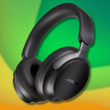 Bose QuietComfort Ultra headphones on green and yellow abstract headphones
