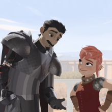 A screenshot of Ballister Boldheart and Nimona looking at each other in "Nimona."