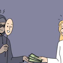 an untrustworthy man in a disguise accepts money from a smiling woman