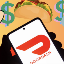 Illustration of DoorDash logo on a smartphone.