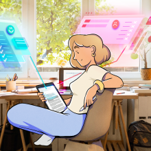 An illustration of a woman sitting in a chair using futuristic screens to do work.