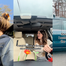 screenshots of tiktoks. left: woman sticking her head out of sunroof with caption "making sure the coast is clear for the thirsty hamster. iykyk."; middle: woman in car; right: woman on top of car