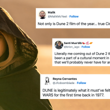 Timothee Chalamet as Paul in Dune: Part Two. Next to him are screenshots of tweets embedded in this article