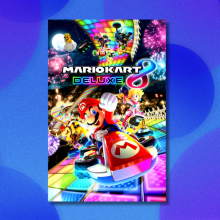 Mario Kart 8 Deluxe box art on blue and purple abstract background
