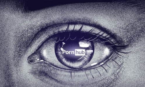A black-and-white illustration of an eye with the 'Pornhub' logo reflected in it.