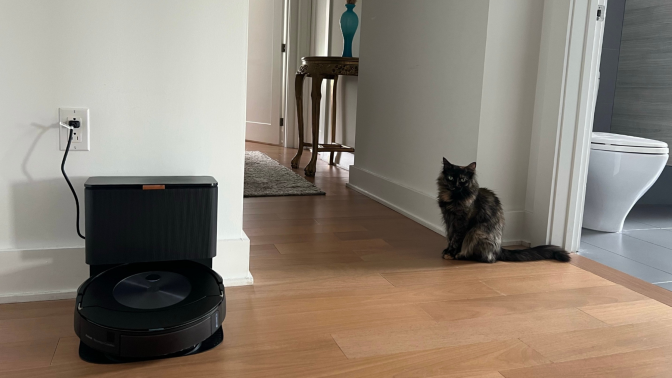 Roomba and charging dock on hardwood floor with cat in hallway in the background