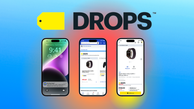 Best Buy Drops logo and three smartphones with products from the My Best Buy app on colorful background