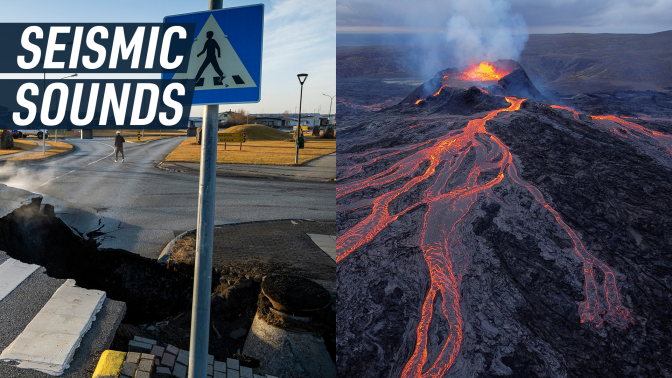 A split screen shows a hole caused by an earthquake is Grindavík, Iceland on the left. On the right, there's a picture of a recently erupted Icelandic volcano, with lava and smoke coming out of the crater. 