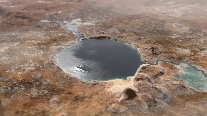 A conception of what Mars' Jezero Crater may have looked like billions of years ago. 