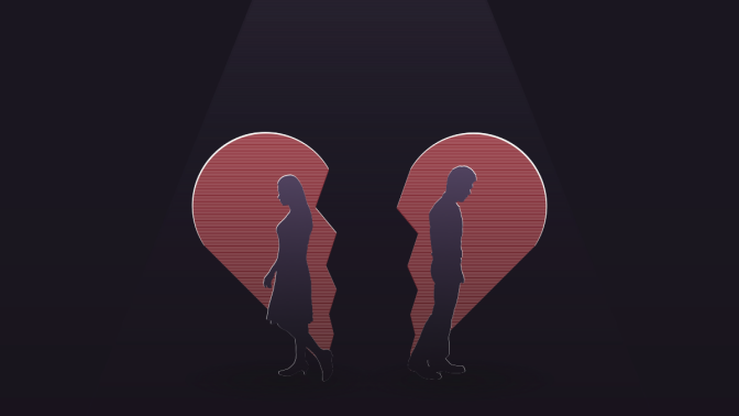 broken red heart with man and woman in the halves moving in opposite directions