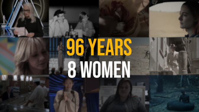 a collage of the female directors and the films that got them Best Director nominations. Caption reads: 96 years (in yellow font), 8 women (in white)
