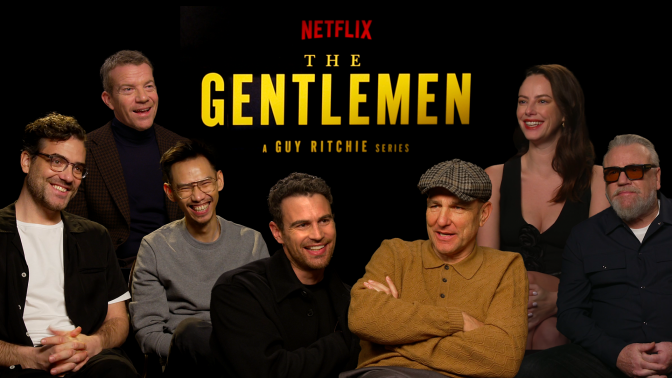  A collage of 'The Gentlemen' cast sat against a black backdrop featuring the film's title.