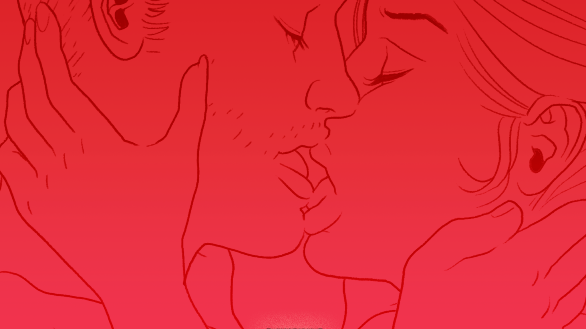 Illustration on a red backdrop of a man and woman kissing.