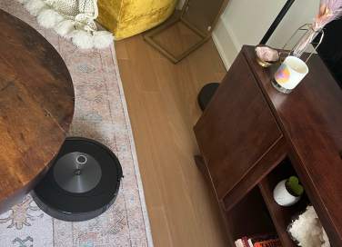 Roomba cleaning rug around spherical coffee table with chair and TV stand in background