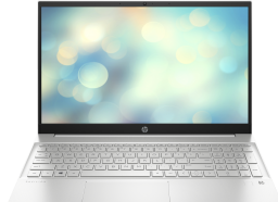 the HP Pavilion Laptop 15t-eg300 with a blue abstract screensaver